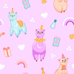 Violet seamless pattern with alpaca and birthday theme. Cute cartoon llama with gifts, hearts and rainbow for wrapping paper, celebrate and decorate birthday party, kids fabric. Purple pattern.