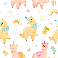 Funny baby llama seamless vector pattern. Cute alpaca with gifts, hearts and rainbow for wrapping paper, celebrate and decorate birthday party, kids fabric. Isolated on white.