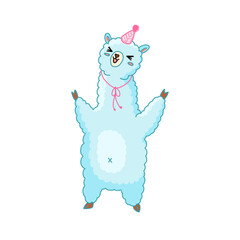 Cute happy cartoon llama illustration. Funny childish alpaca isolated vector for stickers, nurcery, gifts, print. Kawaii little llama.