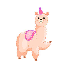 Cute cheerful pink cartoon llama illustration. Funny childish alpaca isolated vector for stickers, nurcery, gifts, print. Kawaii little llama.