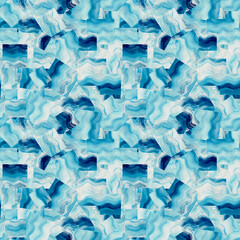 Obraz premium Seamless abstract pattern with blue watercolor waves on a white background with geometric