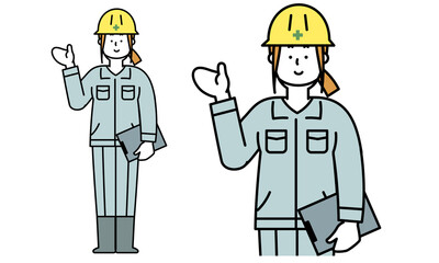 手をかざしている作業服を着た工事現場の女性の全身イラスト素材。