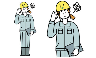 頭を指でかいて悩んでいる作業服を着た工事現場の女性の全身イラスト素材。