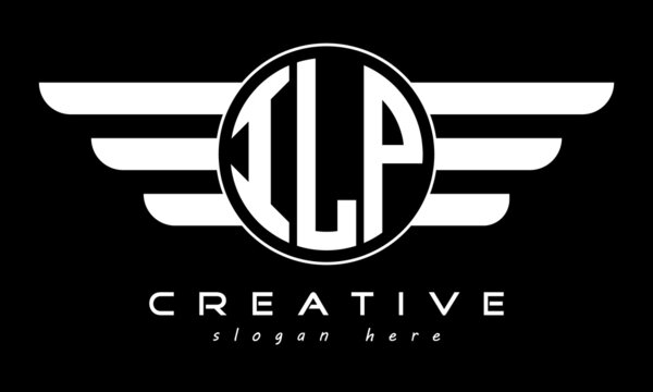 ILP three letter monogram type circle letter logo with wings vector template.