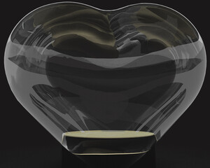 heart in a glass with black podium rendering. 3d product scene