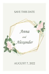 Wedding festive invitation, greeting card for the celebration. Map template. Save the date. Flowers in delicate pastel colors and golden elements.