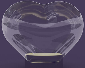 heart in a glass with purple podium rendering. 3d product scene