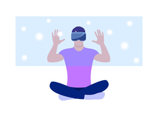 A man in virtual reality glasses sits in a lotus position in front of a translucent blue screen with abstract circles. The concept of virtual technology and the metaverse