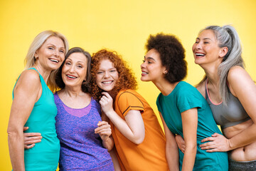 Group of different kind of women with different body, age, and ethnicity making sport