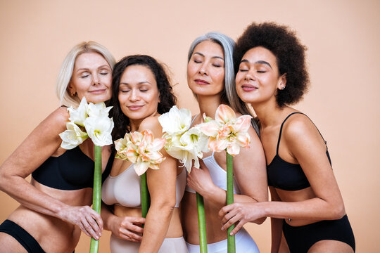 Beauty image of a group of women with different age, skin and body