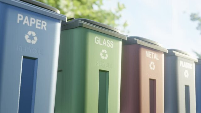 Containers for separate garbage collection with inscriptions of household waste on the background of nature.