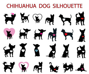 Chihuahua  dog silhouette with love hearts, animal silhouette, Dog breeds silhouette, Animal silhouette symbol, Vector dog breeds silhouettes