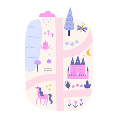 Kids map with magical characters and objects hand-drawn vector illustration. Unicorn, castle, frog prince.