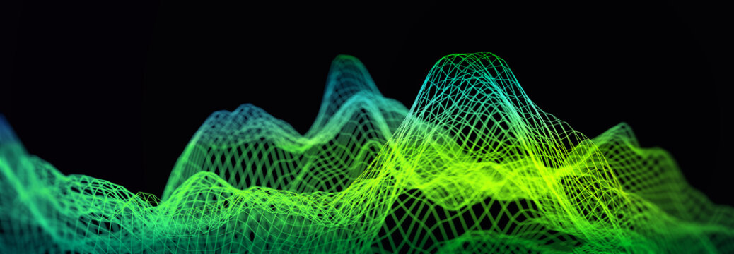 Three Dimensional Surface Of Complex Data Subjects Or Models In Lively Green Shade. On Black Background. Data Visualization.  3D Illustration, 3D Rendering.