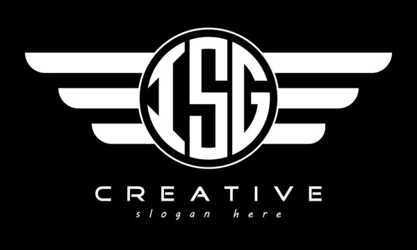ISG three letter monogram type circle letter logo with wings vector template.