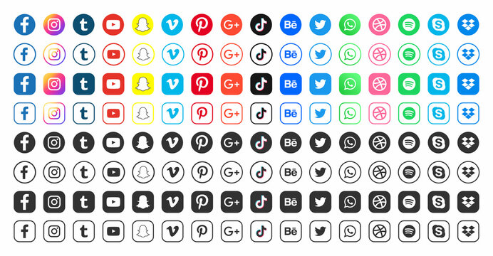 Big set of social media icons or social network logos flat icon set collection for apps and websites set illustration