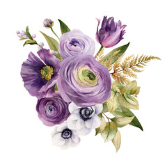 Watercolor flowers garden bouquet. Hand painted botanical illustration with leaves, flowers, poppies, anemones, ranunculus isolated on white background. Floral composition for you design