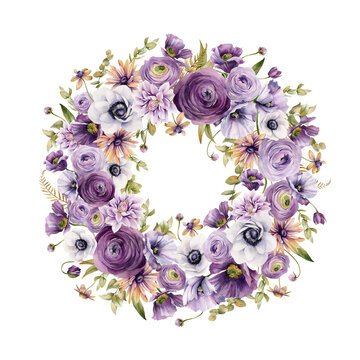 Watercolor floral wreath. Lush garden wreath with purple flowers, poppies, ranunculus, anemones, dahlias and foliage. Greeting or wedding template for you design