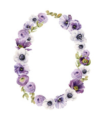 Watercolor floral wreath. Elegant garden wreath with purple poppy flowers, ranunculus, anemones and foliage. Greeting or wedding template for you design
