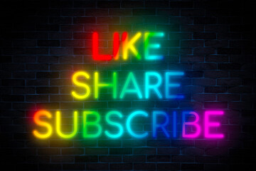 Like, Share, Subscribe neon banner on a brick wall background.