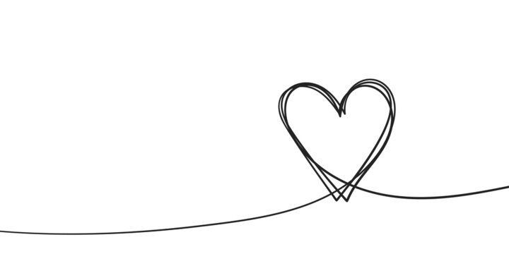 Heart line art love symbol, Continuous one line drawing heart shape outline several times, Black and white vector minimalist illustration made of one line