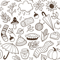 Doodle Autumn seamless pattern. Hand-drawn seasonal elements isolated on white background. Vector illustration.