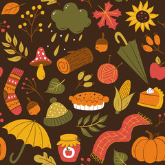 Colorful Autumn seamless pattern. Hand-drawn seasonal elements isolated on dark background. Vector illustration.