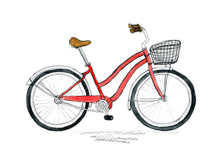 Watercolor illustration of the red street bicycle