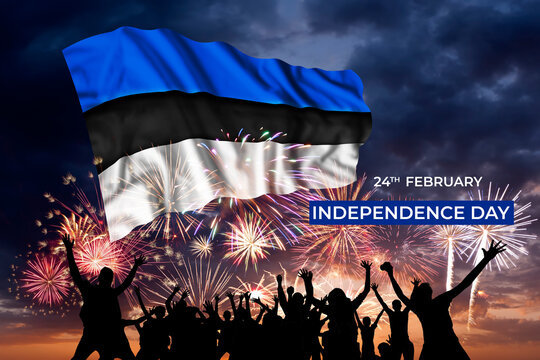 Majestic fireworks and flag of Estonia