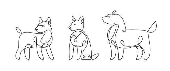 Dog set in modern one line style. Continuous line drawing, outline for pet shop. Vector illustration