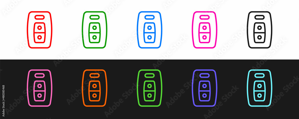 Poster set line car key with remote icon isolated on black and white background. car key and alarm system. 