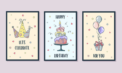 Set of birthday greeting cards. Happy Birthday gift cards.