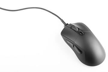 Black wired computer mouse on a white background.