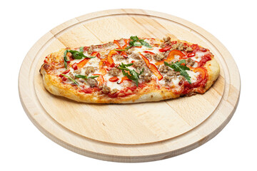 Delicious pizza served on wooden plate isolated on white background. Pizzeria menu. Concept poster for Restaurants or pizzerias. File contains clip