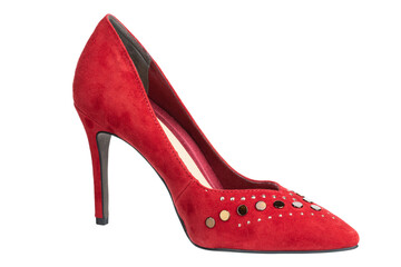 Red women's shoes on a white background. Suede shoes. Stylish and sexy shoes.