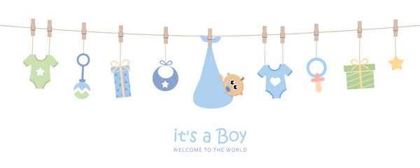 baby boy welcome greeting card for childbirth with hanging utensils