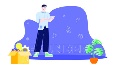 Start up founder. Concept with young black man, keyword, and icons - clog, dollar sign, light bulb, brain, idea. Flat vector illustration. Isolated playful cartoon character.