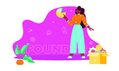 Start up founder. Concept with young black woman, keyword, and icons - clog, dollar sign, light bulb, brain, idea. Flat vector illustration. Isolated playful cartoon character.