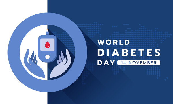 world diabetes day banner - hand hold glucose testing blood tool in blue circle symbol on white blue dot world map texture vector design