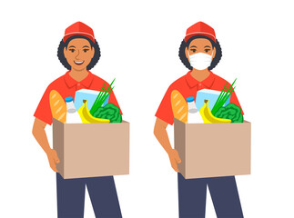 Delivery girl holding in hands box with grocery. Ordering products in the store with home delivery service. Flat vector illustration. Friendly cute delivery service employee gives a customer the order