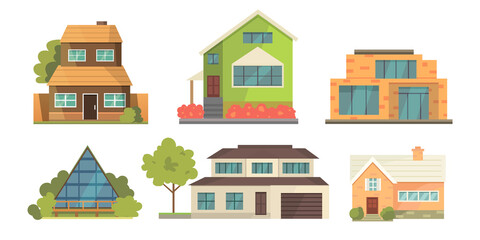 Cottage and assorted real estate building icons. Residential house collection in new cartoon style. Vector illustration