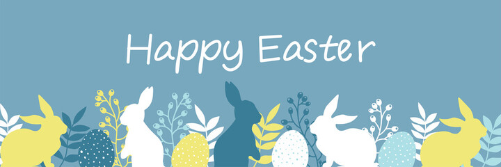 Easter design with eggs, bunnies and flowers in pastel colors. Horizontal poster. Happy Easter greetings text. Design for title for the site ,banner, poster, card, paper print, postcard, background