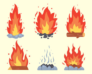 Campfire different types. Vector burning bonfire frames. Camping fire collection. Fireplace with fire coals or woodfire in cartoon style set. Vector illustration