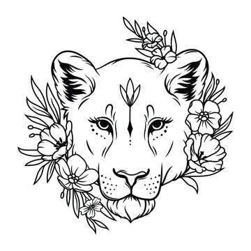 Portrait of a lioness with floral wreaths. Illustration of a predatory wild cat in boho design with natural accessories. Royal lioness. Wild cat with a mane. Zoo. Tattoo.