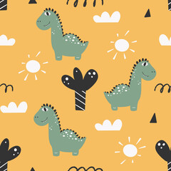 Cute dinosaur pattern - hand drawn childish dinosaur seamless pattern design. Vector illustration