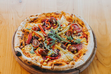 pizza on a wooden table