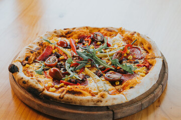 pizza on a wooden table
