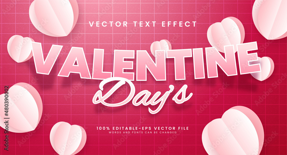 Wall mural Valentine day's editable text style effect. Paper cut valentine text suitable for romantic or valentine themes. - Wall murals