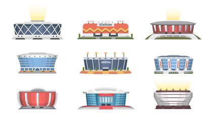 Sport stadium front view vector collection in cartoon style. City arena exterior illustration set. Vector illustration