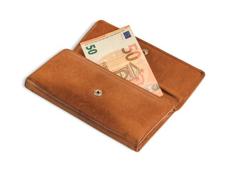 A 50 euro banknote in an old open purse. Isolate on a white background.